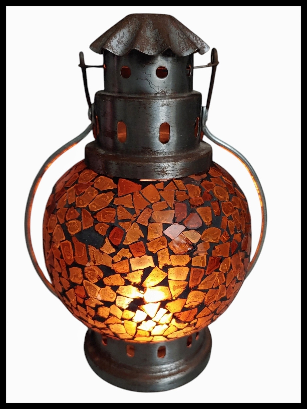 Rustic Mosaic Amber Glass Lantern